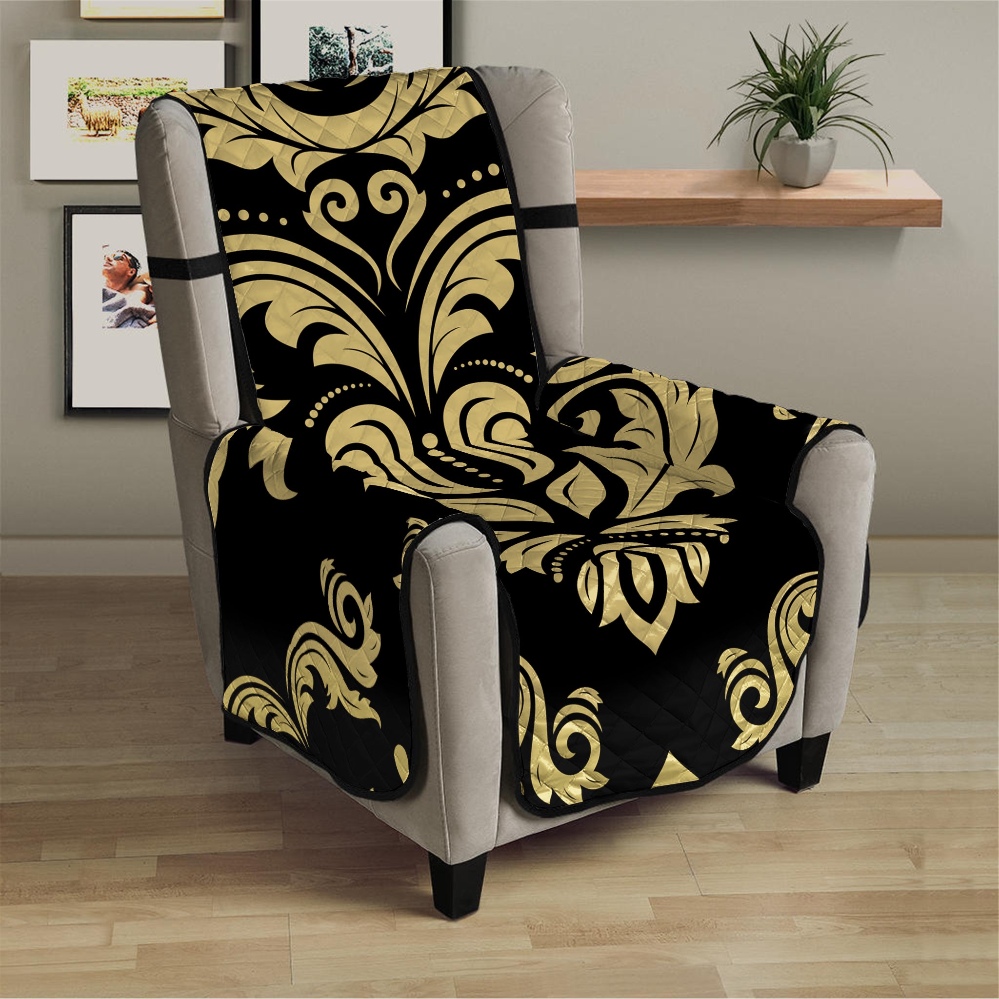 Black And Beige Damask Pattern Print Armchair Protector