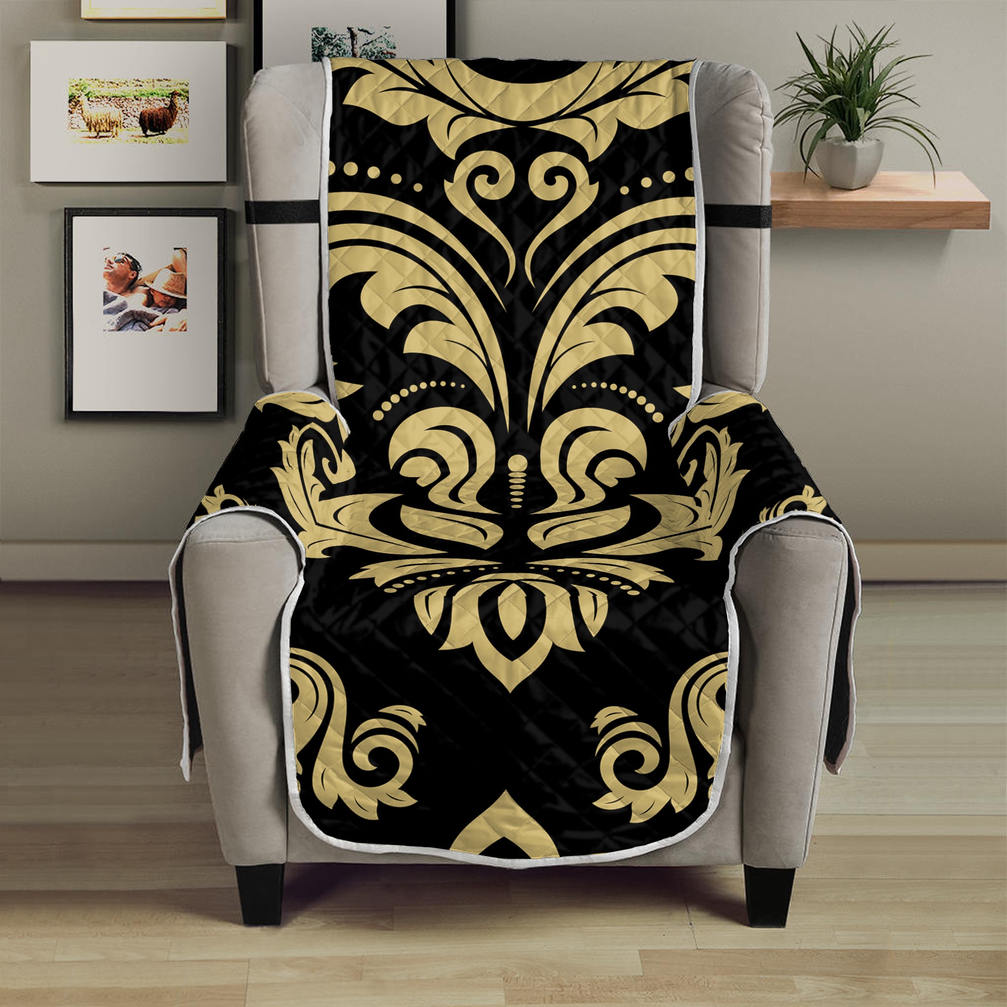 Black And Beige Damask Pattern Print Armchair Protector