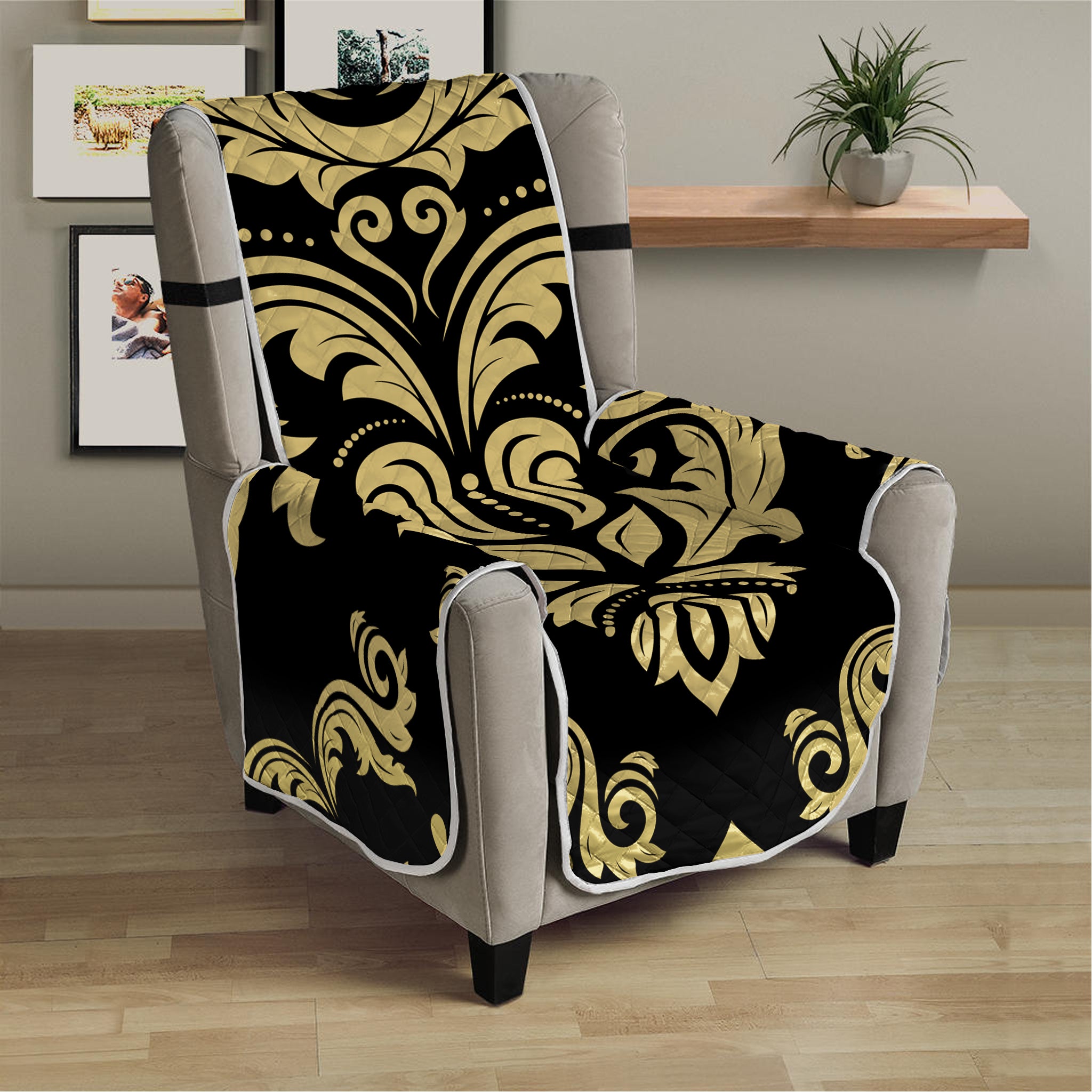 Black And Beige Damask Pattern Print Armchair Protector