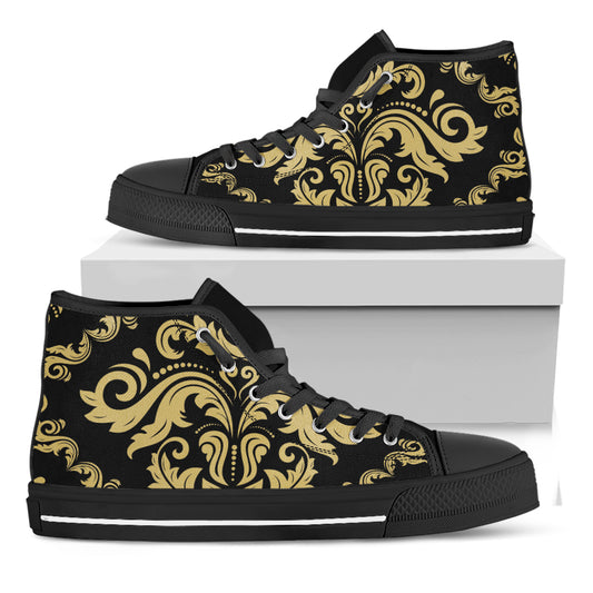Black And Beige Damask Pattern Print Black High Top Shoes