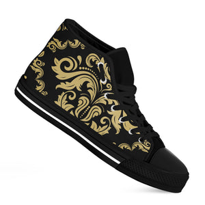 Black And Beige Damask Pattern Print Black High Top Shoes