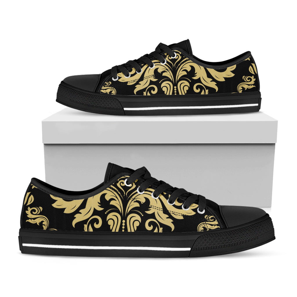 Black And Beige Damask Pattern Print Black Low Top Shoes