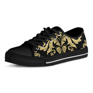 Black And Beige Damask Pattern Print Black Low Top Shoes