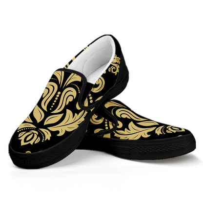 Black And Beige Damask Pattern Print Black Slip On Shoes
