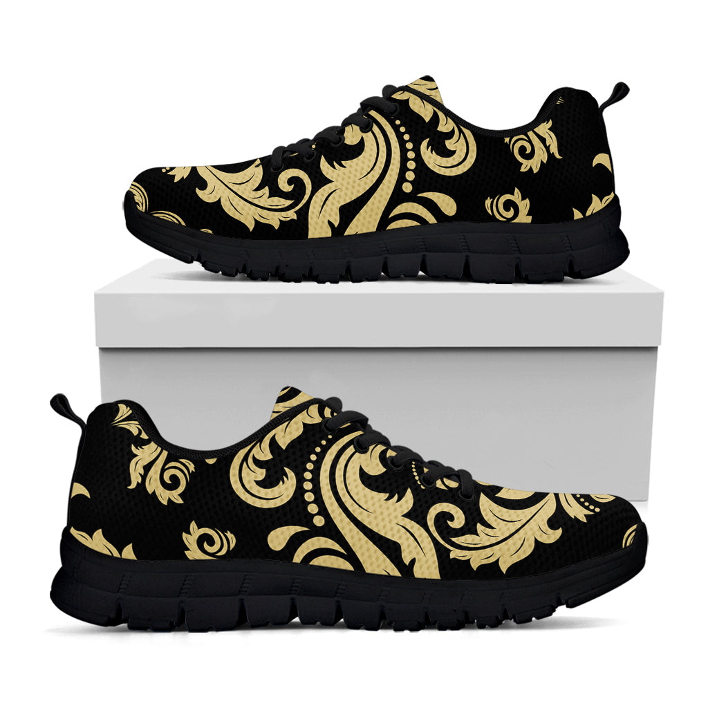 Black And Beige Damask Pattern Print Black Sneakers