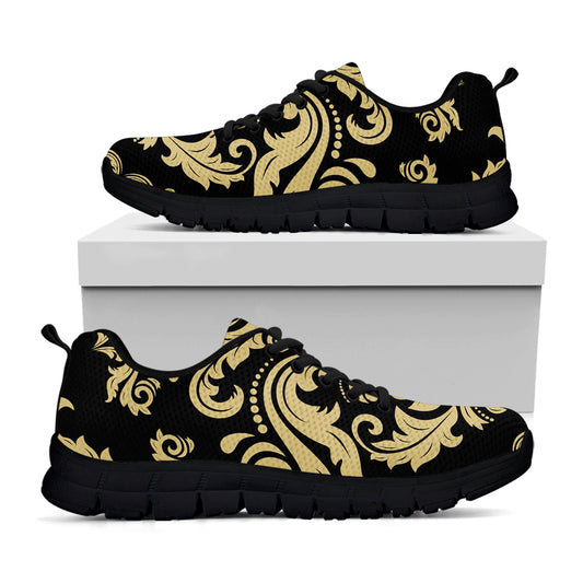 Black And Beige Damask Pattern Print Black Sneakers