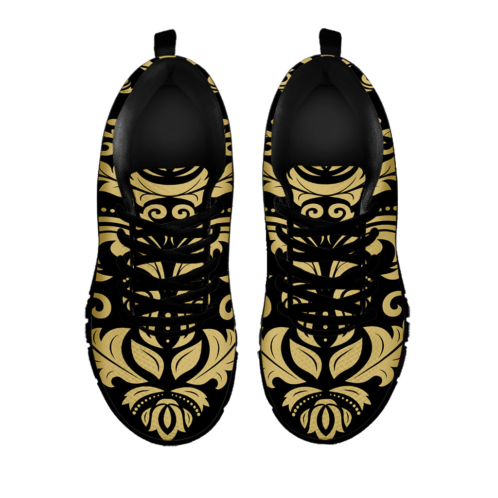 Black And Beige Damask Pattern Print Black Sneakers