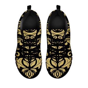 Black And Beige Damask Pattern Print Black Sneakers