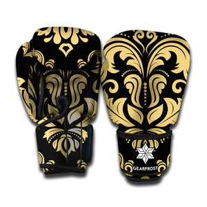 Black And Beige Damask Pattern Print Boxing Gloves