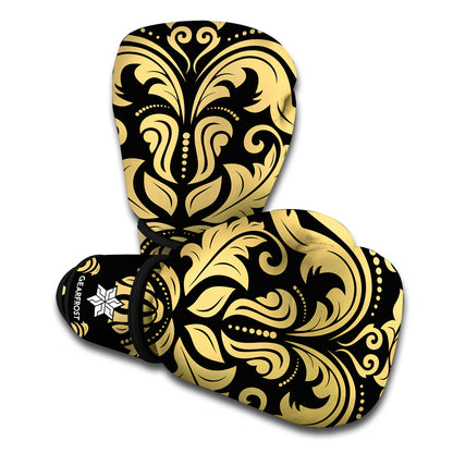 Black And Beige Damask Pattern Print Boxing Gloves