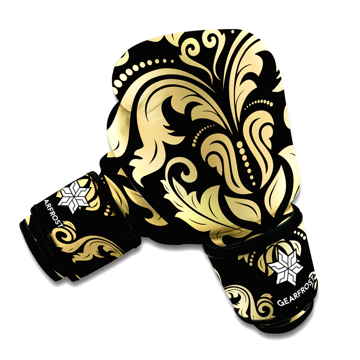 Black And Beige Damask Pattern Print Boxing Gloves