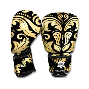 Black And Beige Damask Pattern Print Boxing Gloves