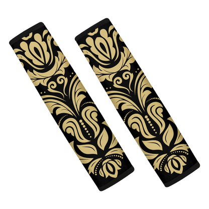 Black And Beige Damask Pattern Print Car Seat Belt Covers