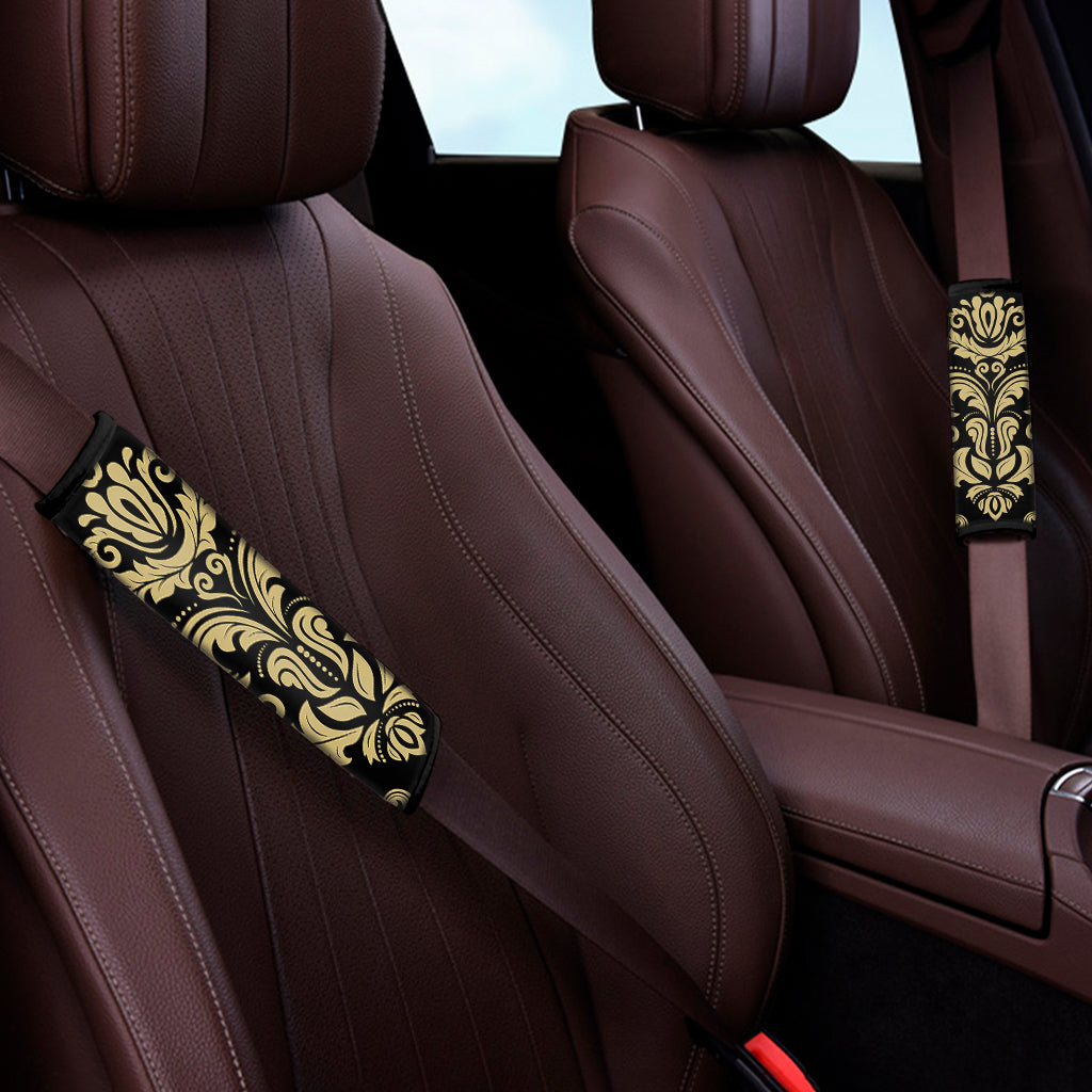Black And Beige Damask Pattern Print Car Seat Belt Covers