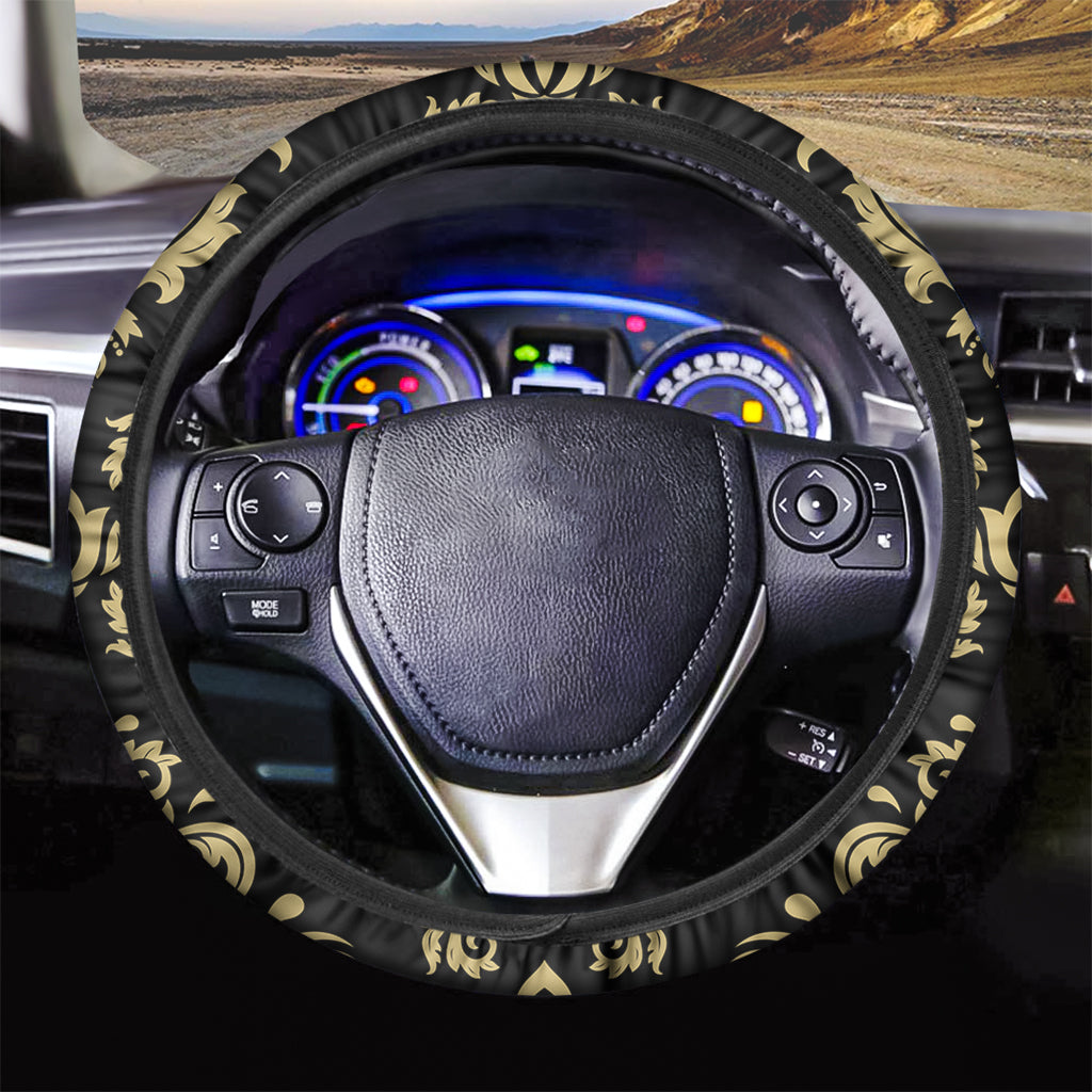 Black And Beige Damask Pattern Print Car Steering Wheel Cover