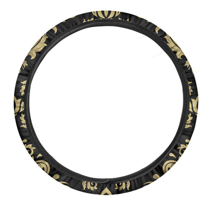 Black And Beige Damask Pattern Print Car Steering Wheel Cover