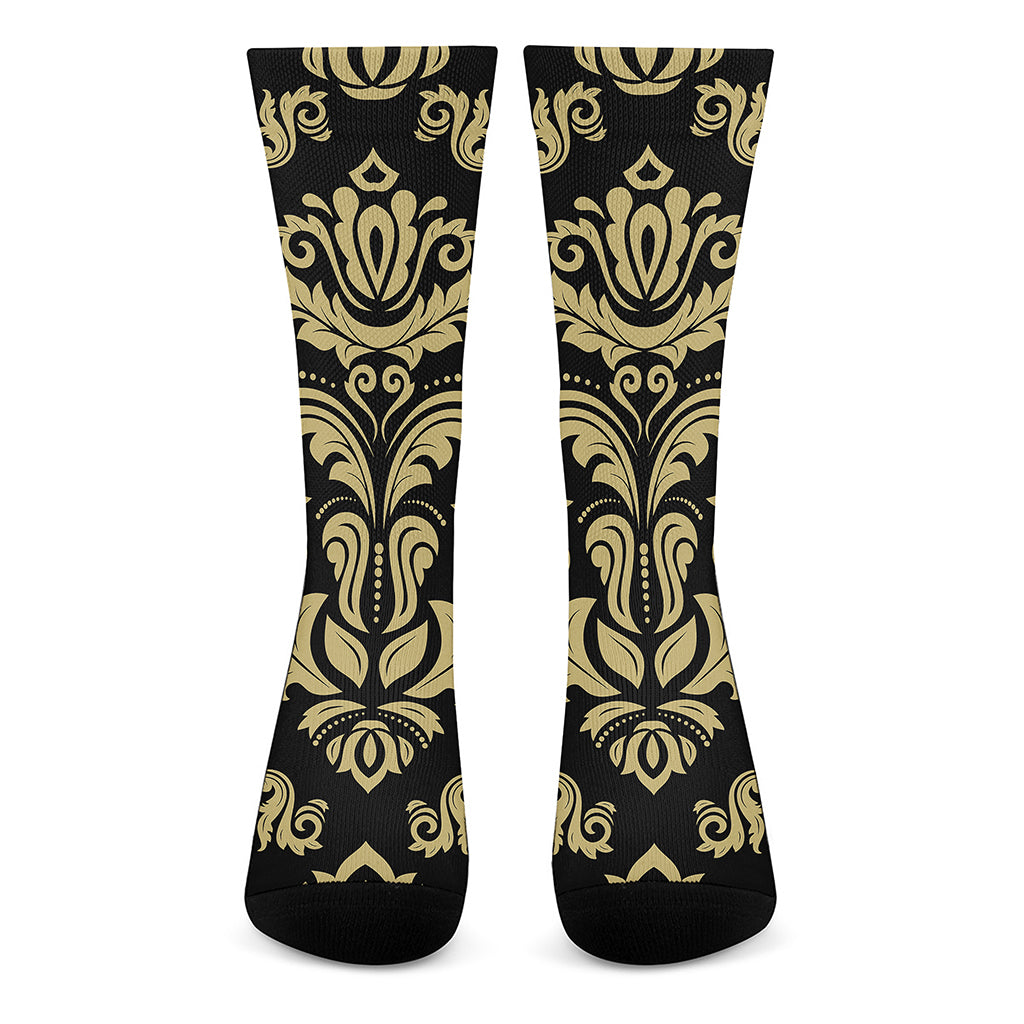 Black And Beige Damask Pattern Print Crew Socks