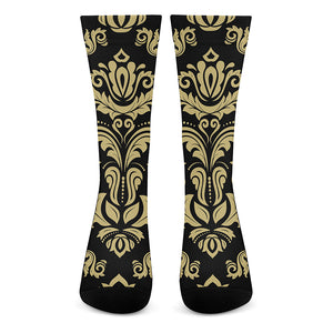 Black And Beige Damask Pattern Print Crew Socks