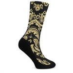 Black And Beige Damask Pattern Print Crew Socks