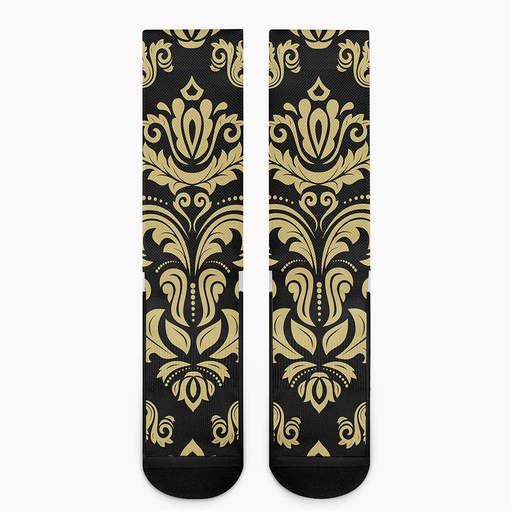 Black And Beige Damask Pattern Print Crew Socks