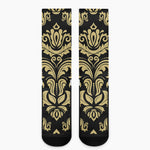 Black And Beige Damask Pattern Print Crew Socks