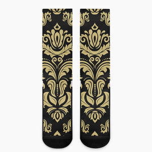 Black And Beige Damask Pattern Print Crew Socks