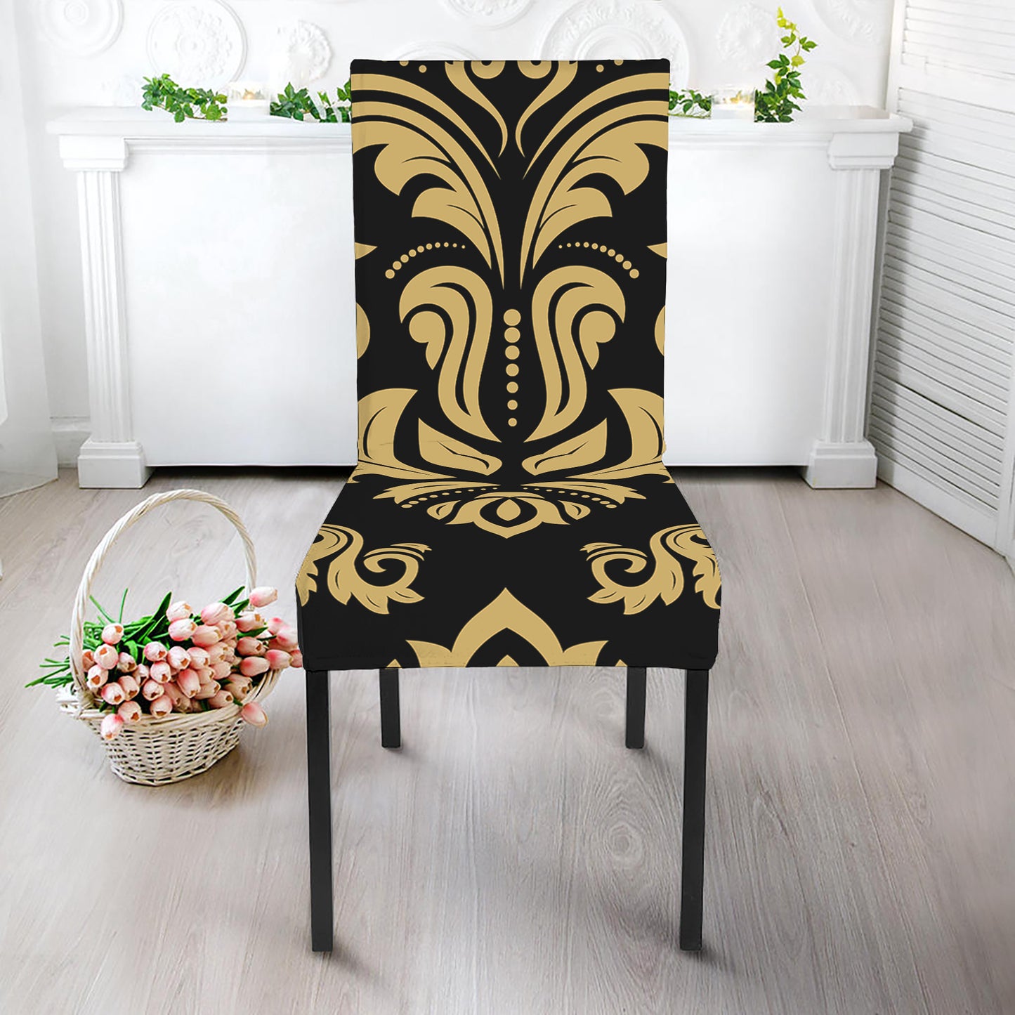 Black And Beige Damask Pattern Print Dining Chair Slipcover