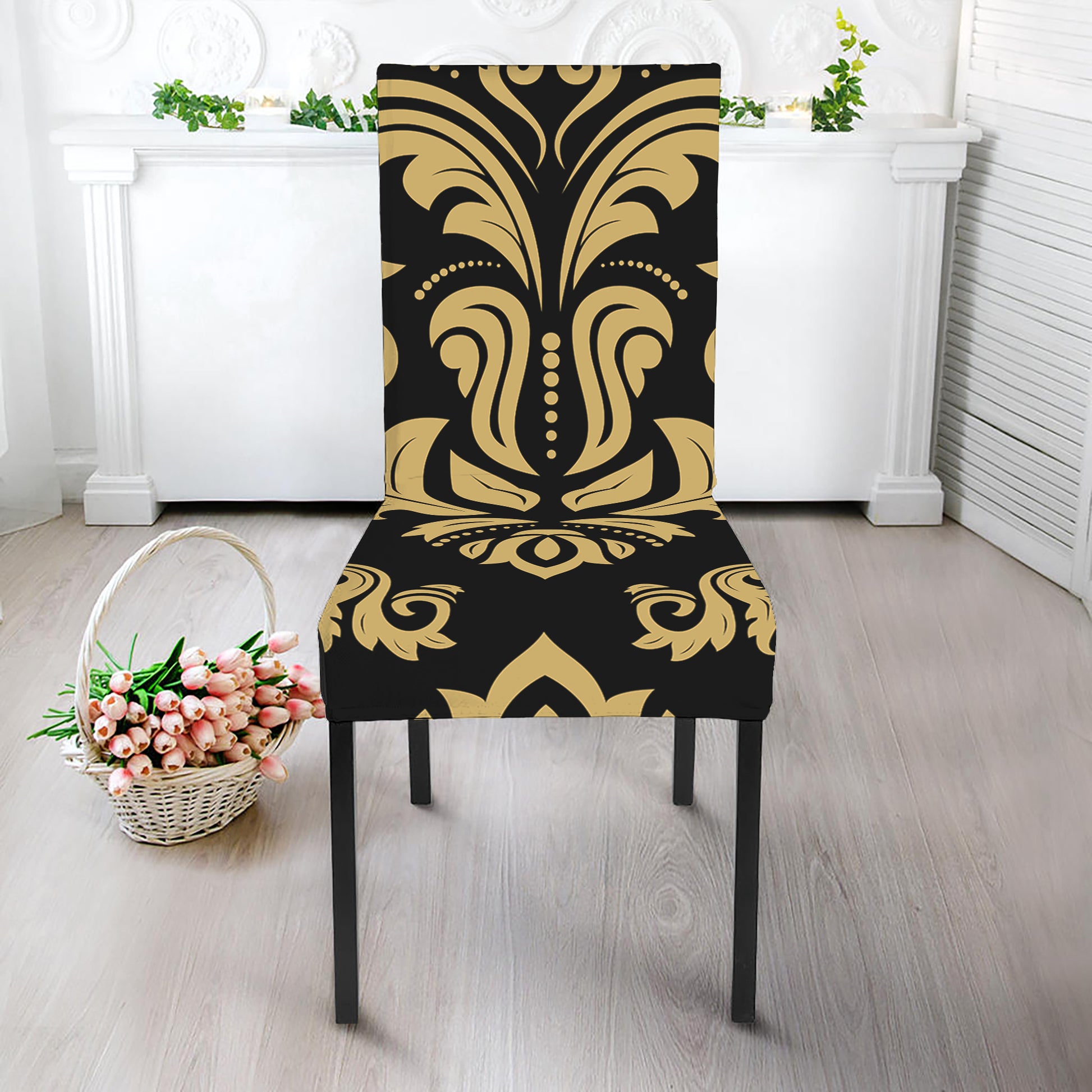 Black And Beige Damask Pattern Print Dining Chair Slipcover