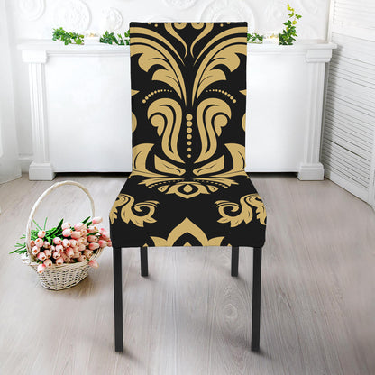 Black And Beige Damask Pattern Print Dining Chair Slipcover
