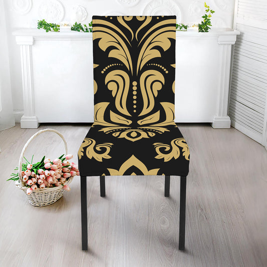 Black And Beige Damask Pattern Print Dining Chair Slipcover