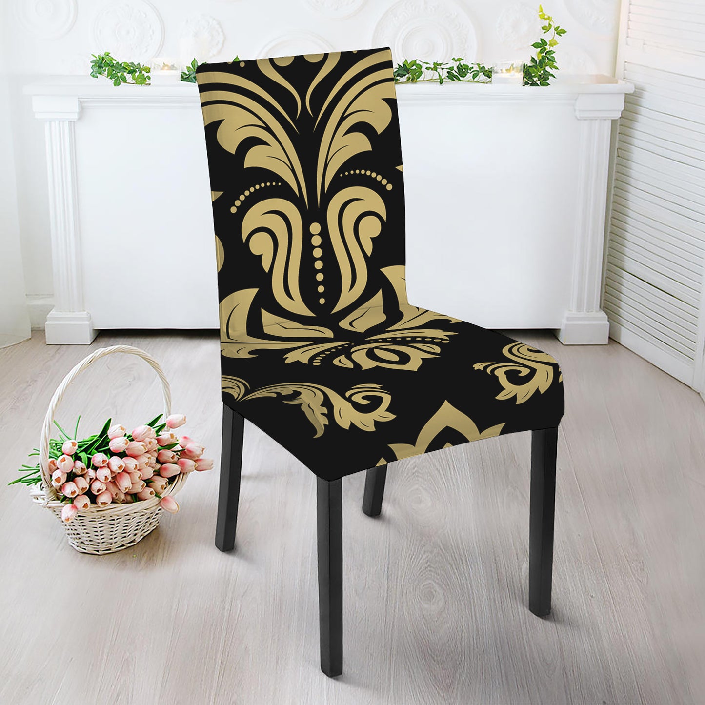 Black And Beige Damask Pattern Print Dining Chair Slipcover
