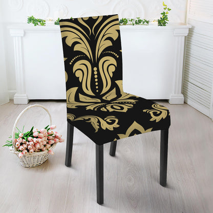 Black And Beige Damask Pattern Print Dining Chair Slipcover