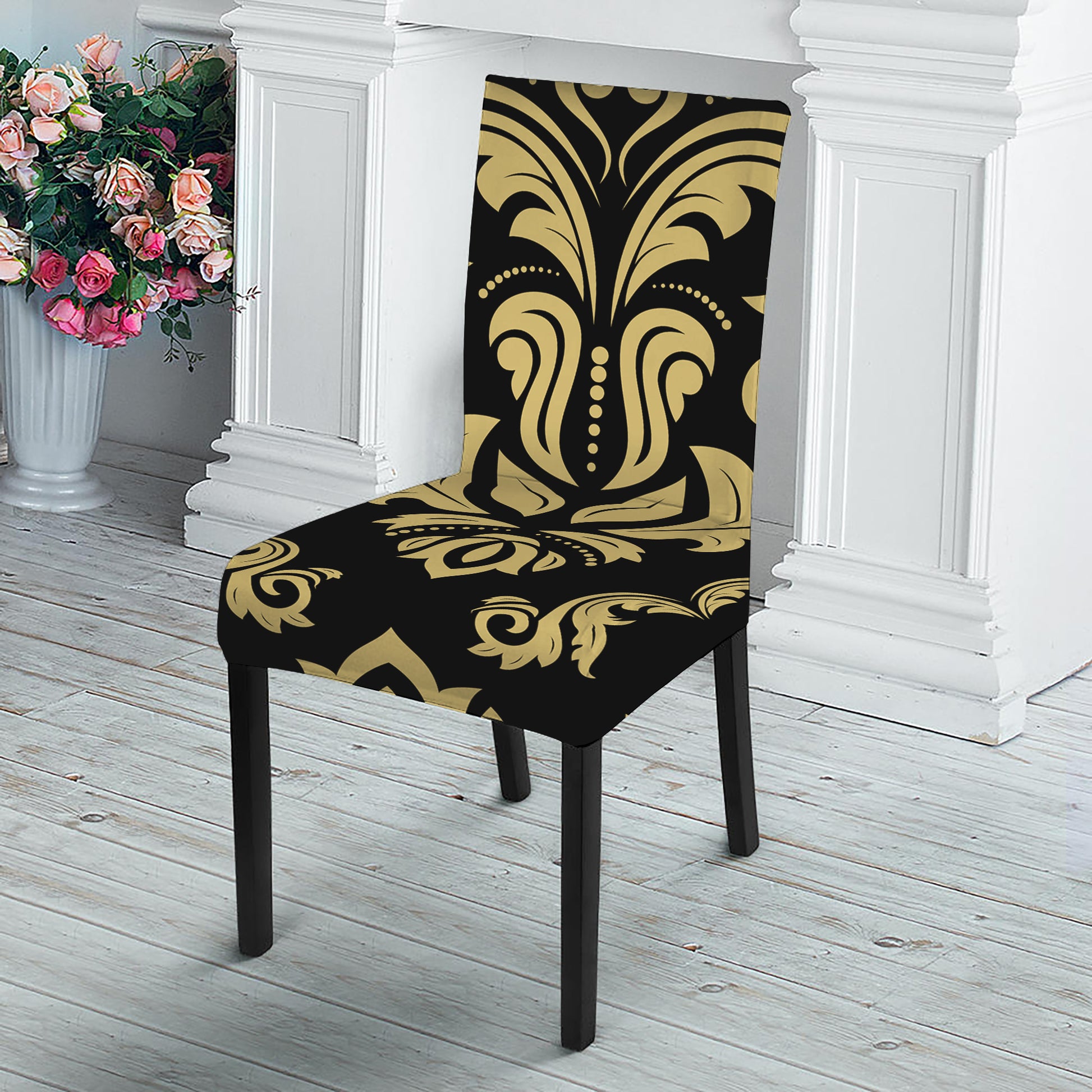 Black And Beige Damask Pattern Print Dining Chair Slipcover