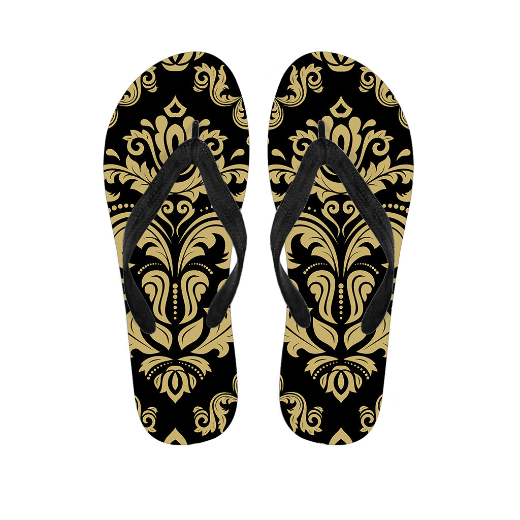 Black And Beige Damask Pattern Print Flip Flops