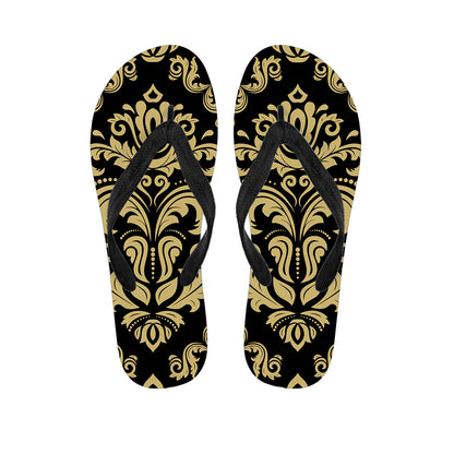 Black And Beige Damask Pattern Print Flip Flops