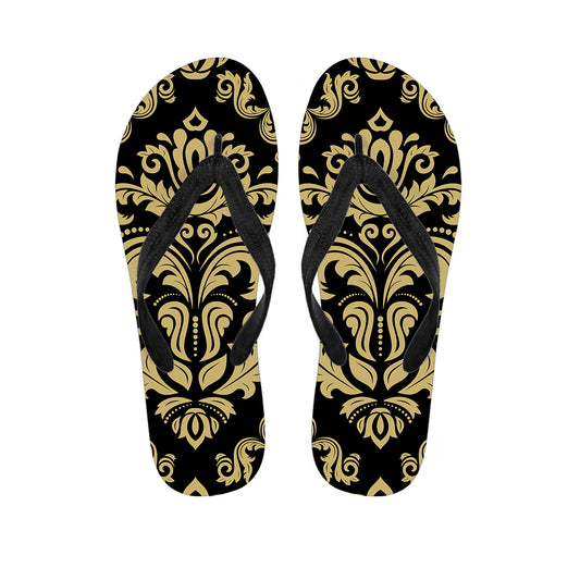 Black And Beige Damask Pattern Print Flip Flops