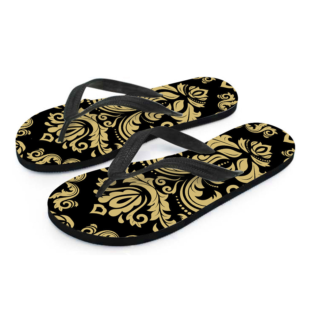 Black And Beige Damask Pattern Print Flip Flops