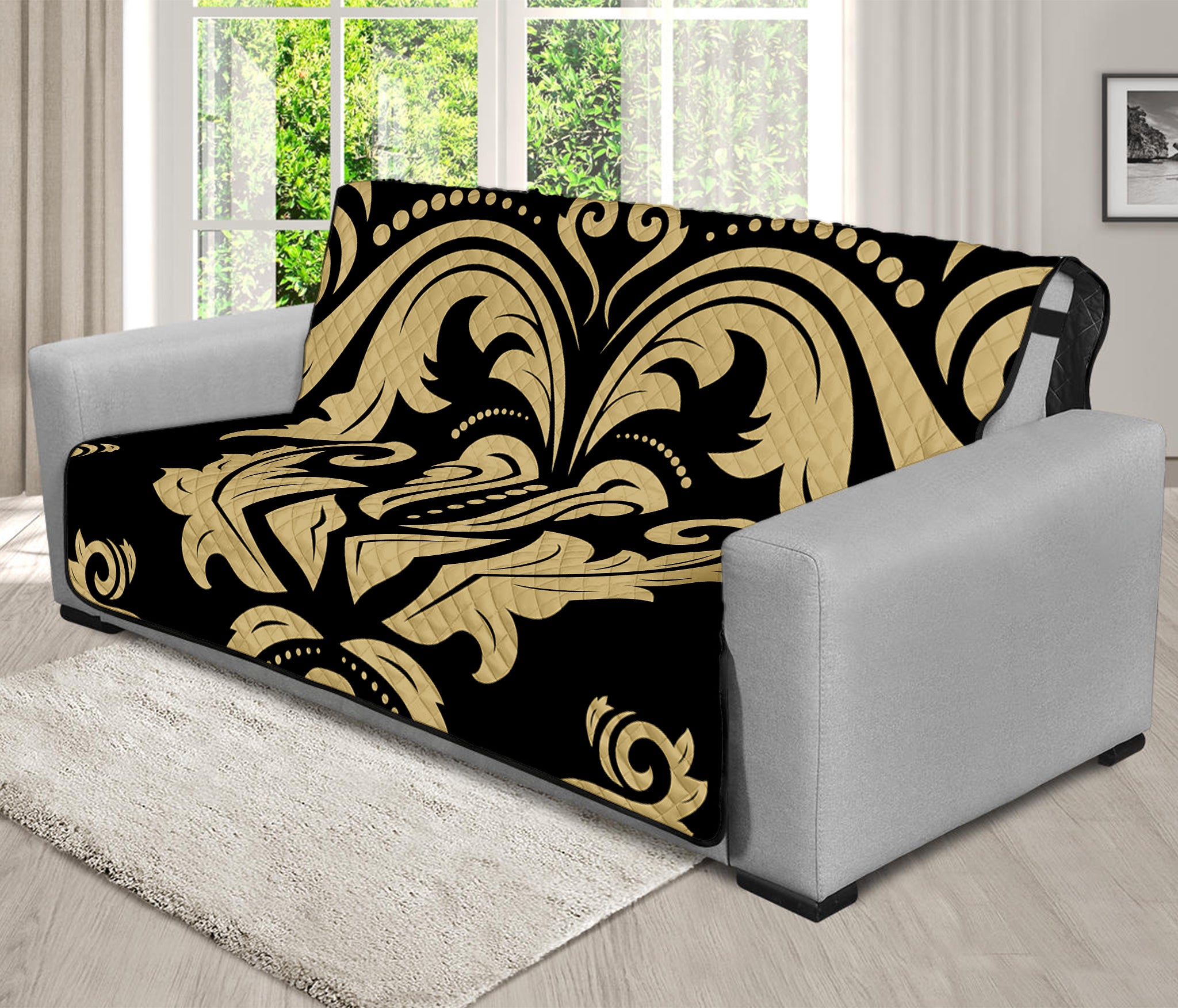 Black And Beige Damask Pattern Print Futon Protector