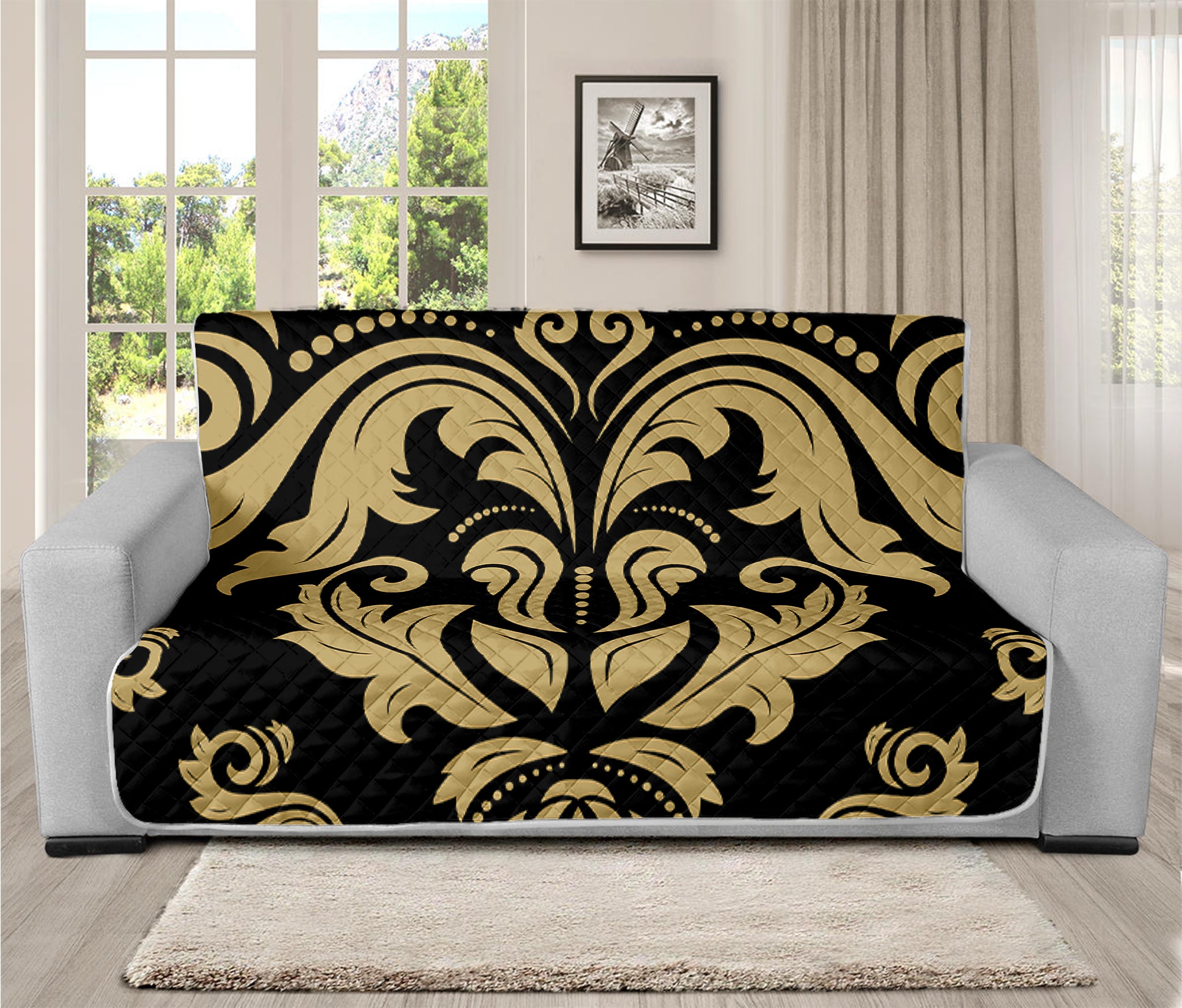 Black And Beige Damask Pattern Print Futon Protector