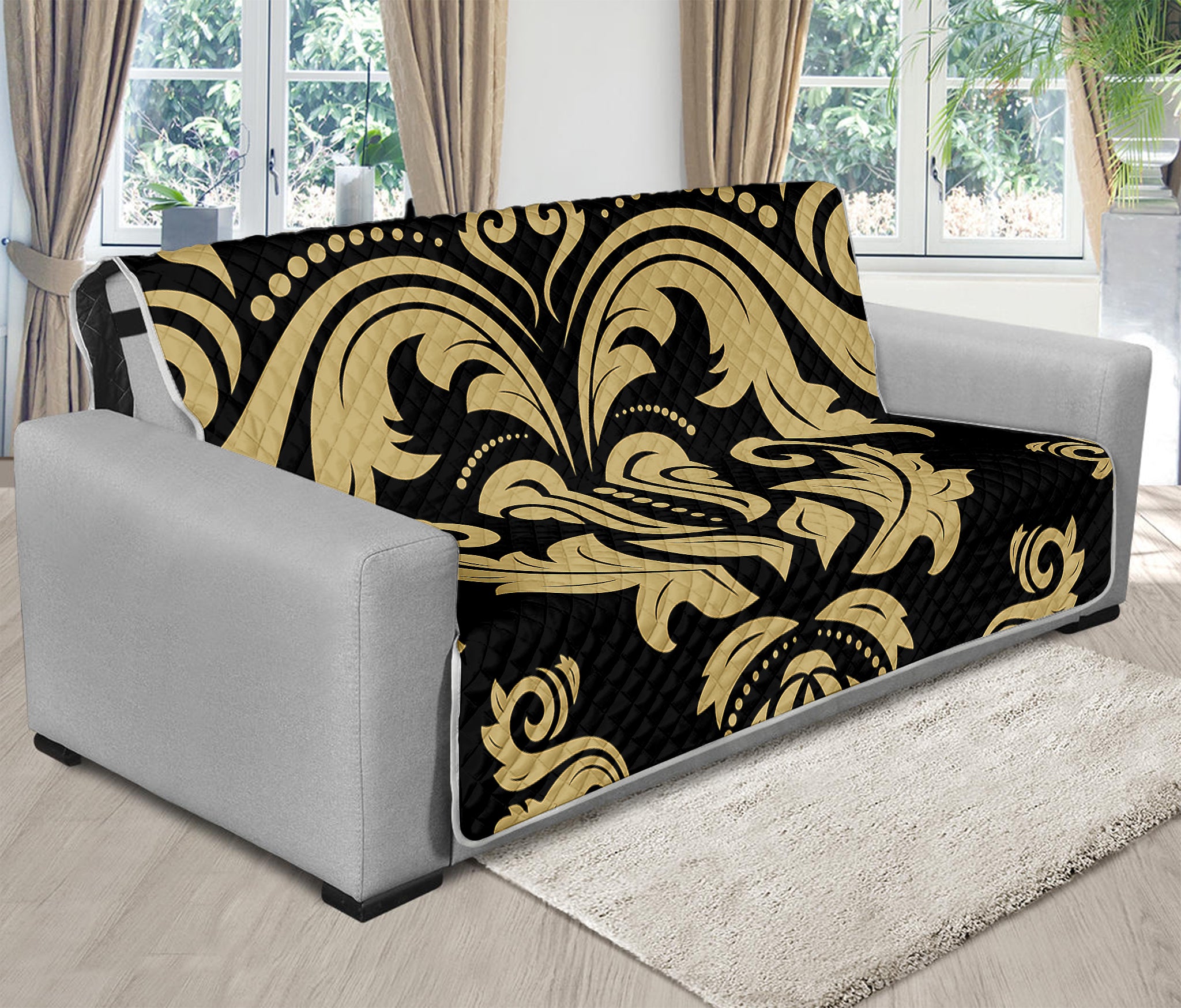 Black And Beige Damask Pattern Print Futon Protector