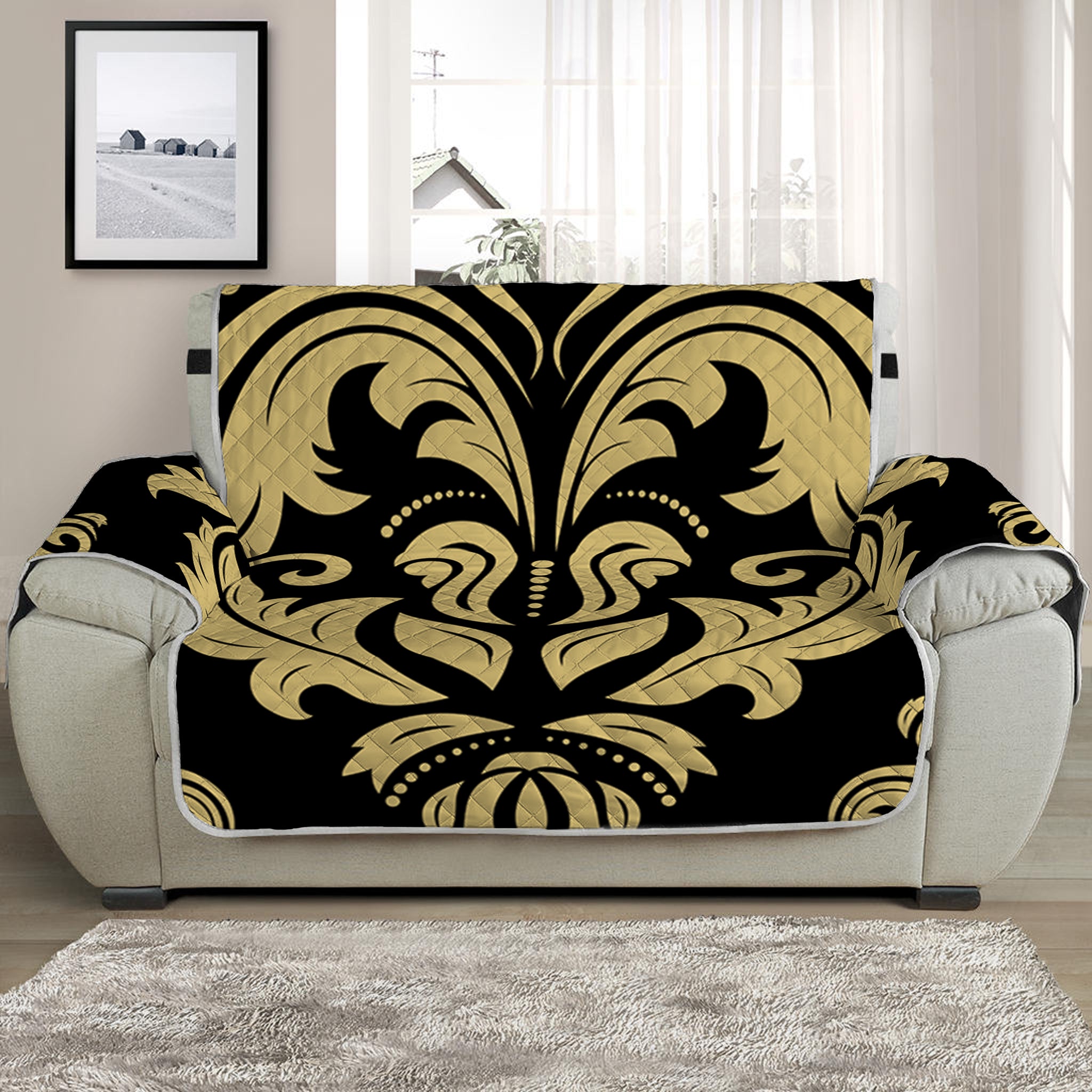 Black And Beige Damask Pattern Print Half Sofa Protector