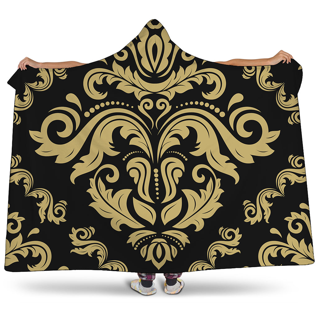 Black And Beige Damask Pattern Print Hooded Blanket
