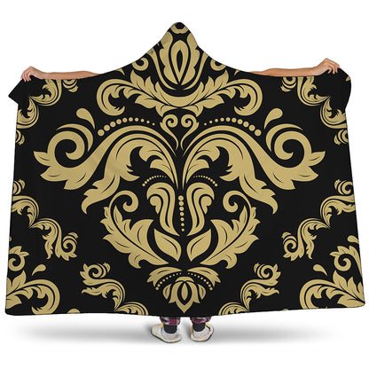 Black And Beige Damask Pattern Print Hooded Blanket