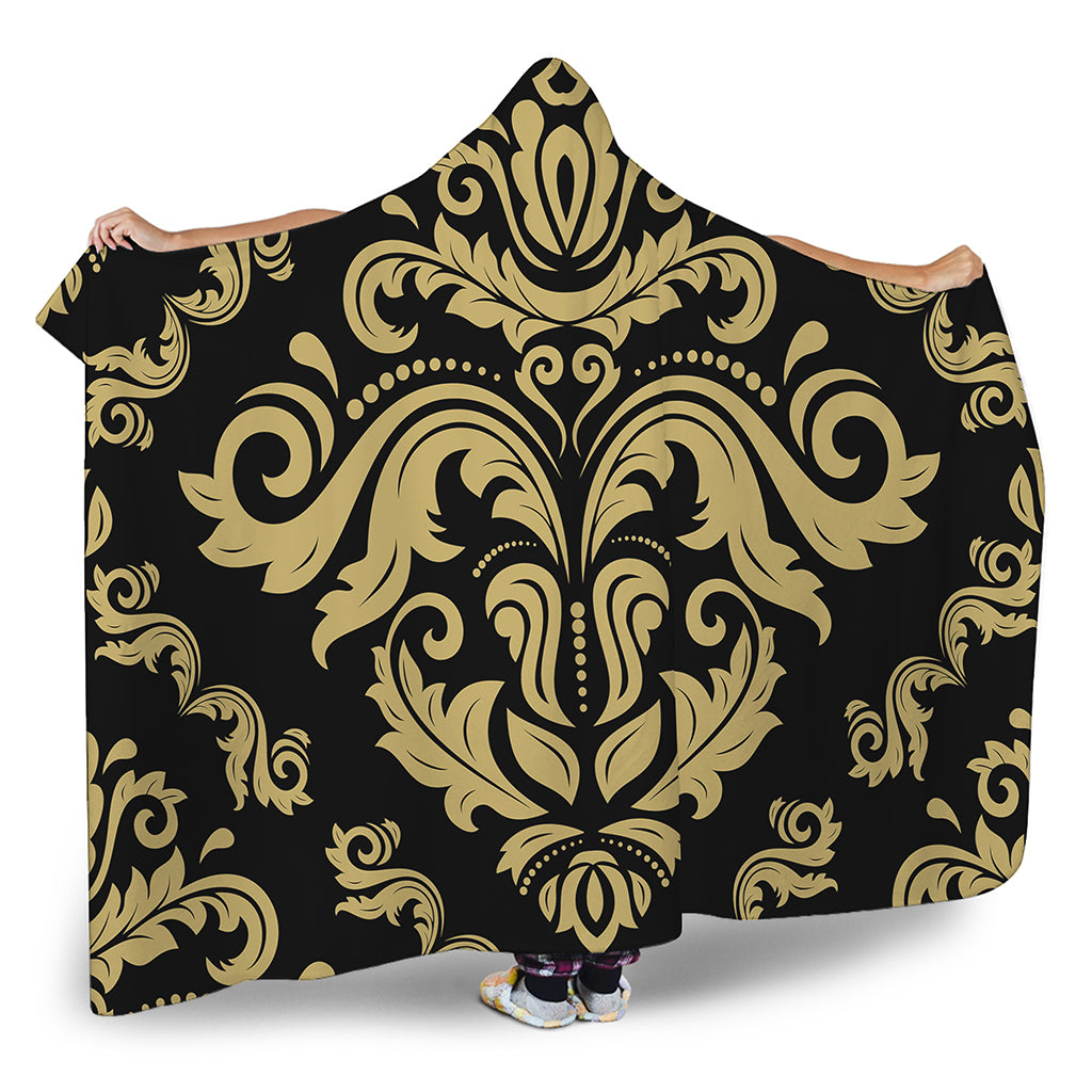 Black And Beige Damask Pattern Print Hooded Blanket