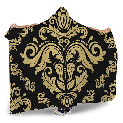 Black And Beige Damask Pattern Print Hooded Blanket