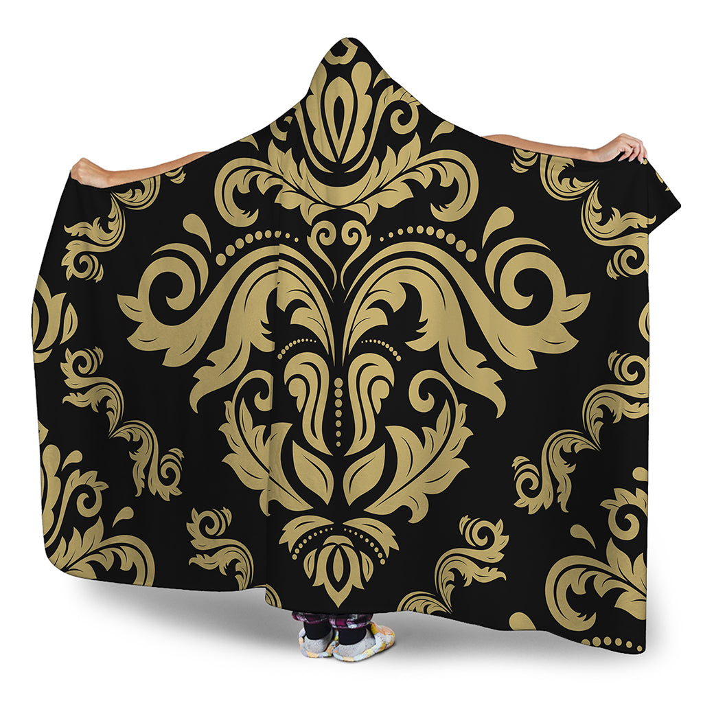 Black And Beige Damask Pattern Print Hooded Blanket