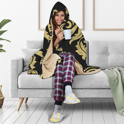Black And Beige Damask Pattern Print Hooded Blanket