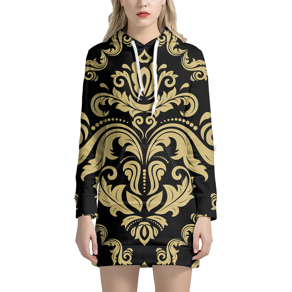 Black And Beige Damask Pattern Print Hoodie Dress