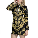 Black And Beige Damask Pattern Print Hoodie Dress