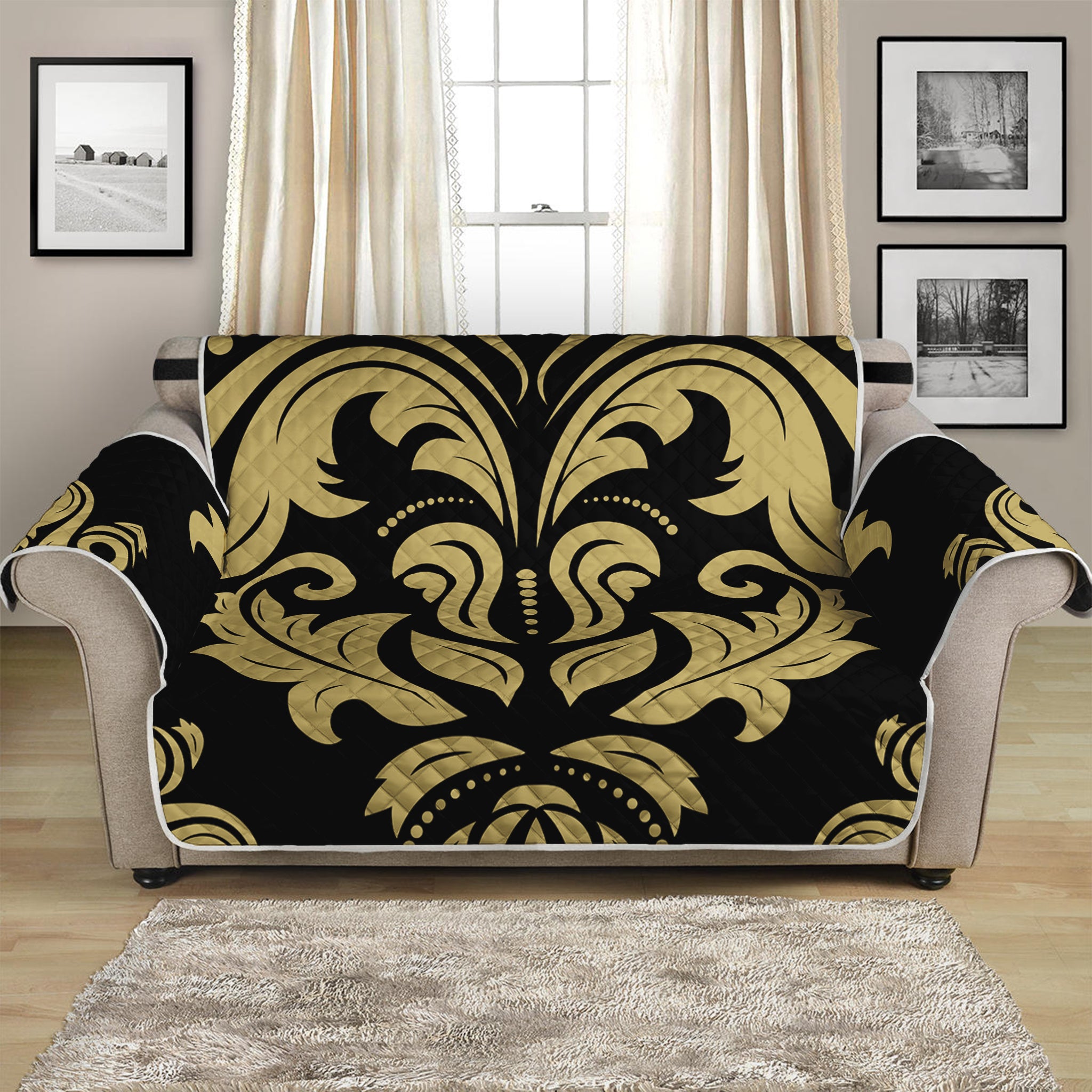 Black And Beige Damask Pattern Print Loveseat Protector